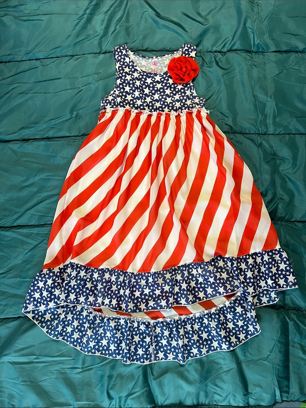 Girls Red White & Blue Star-Spangled Dress with Flower Accent